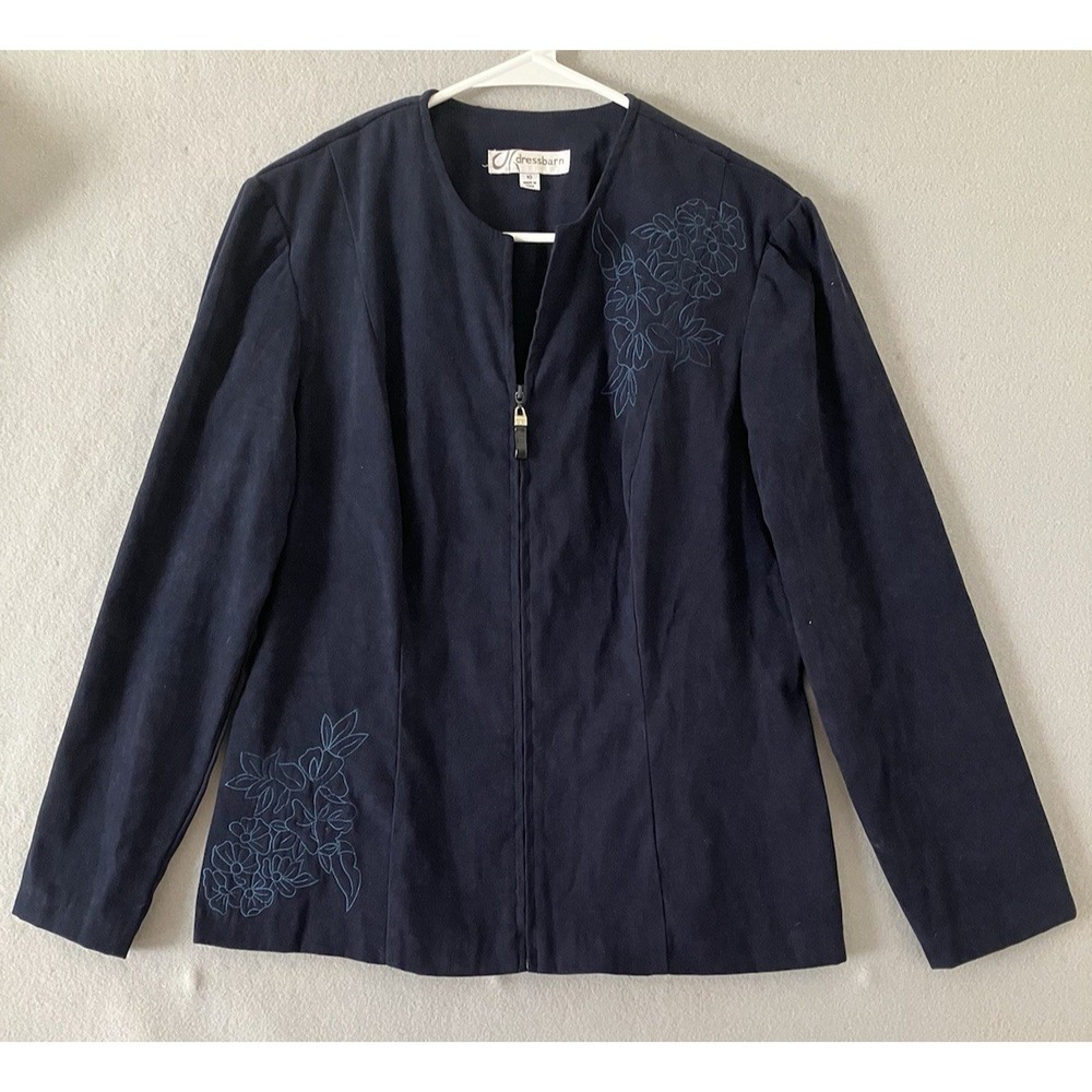 Dressbarn Blue Floral Embroidered Long Sleeve Zip Jacket Size 10 Office Chic Art
